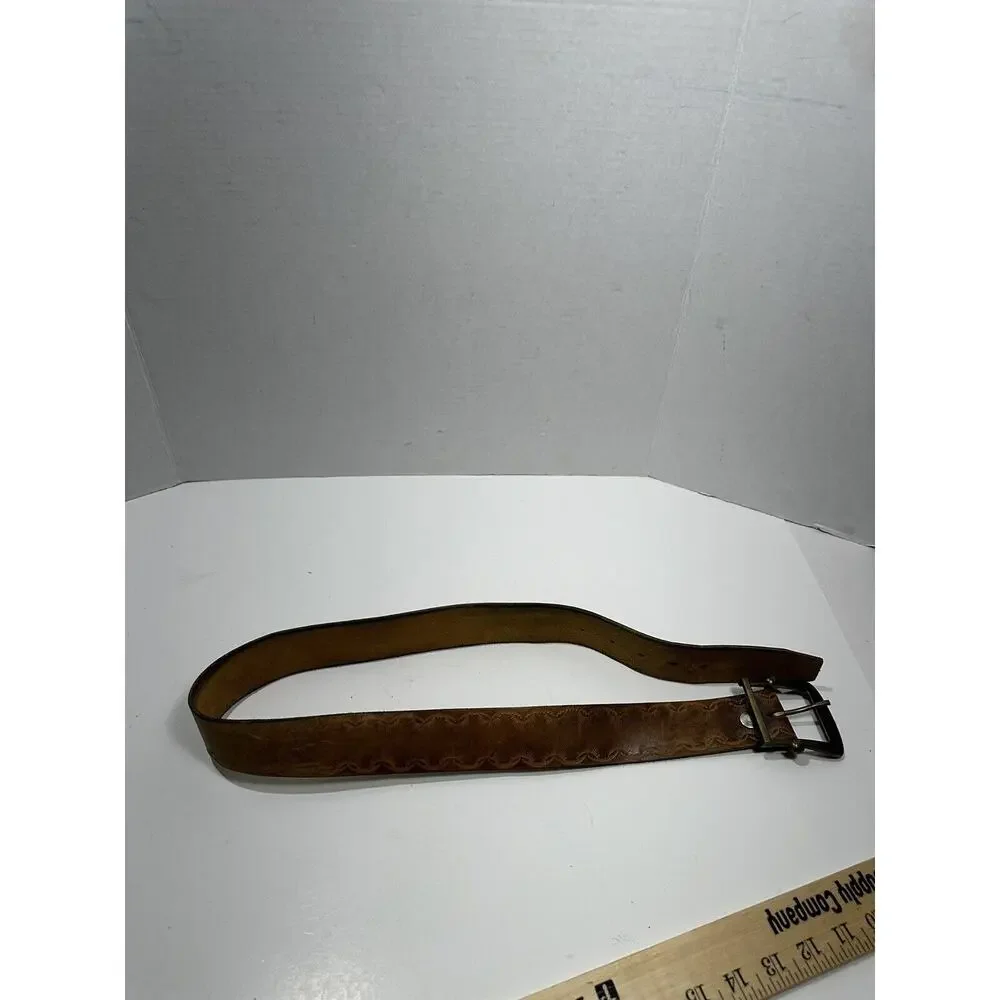 Leather Light Brown Leather Embossed Design Belt Brass Buckle Sz 38 See Pictures